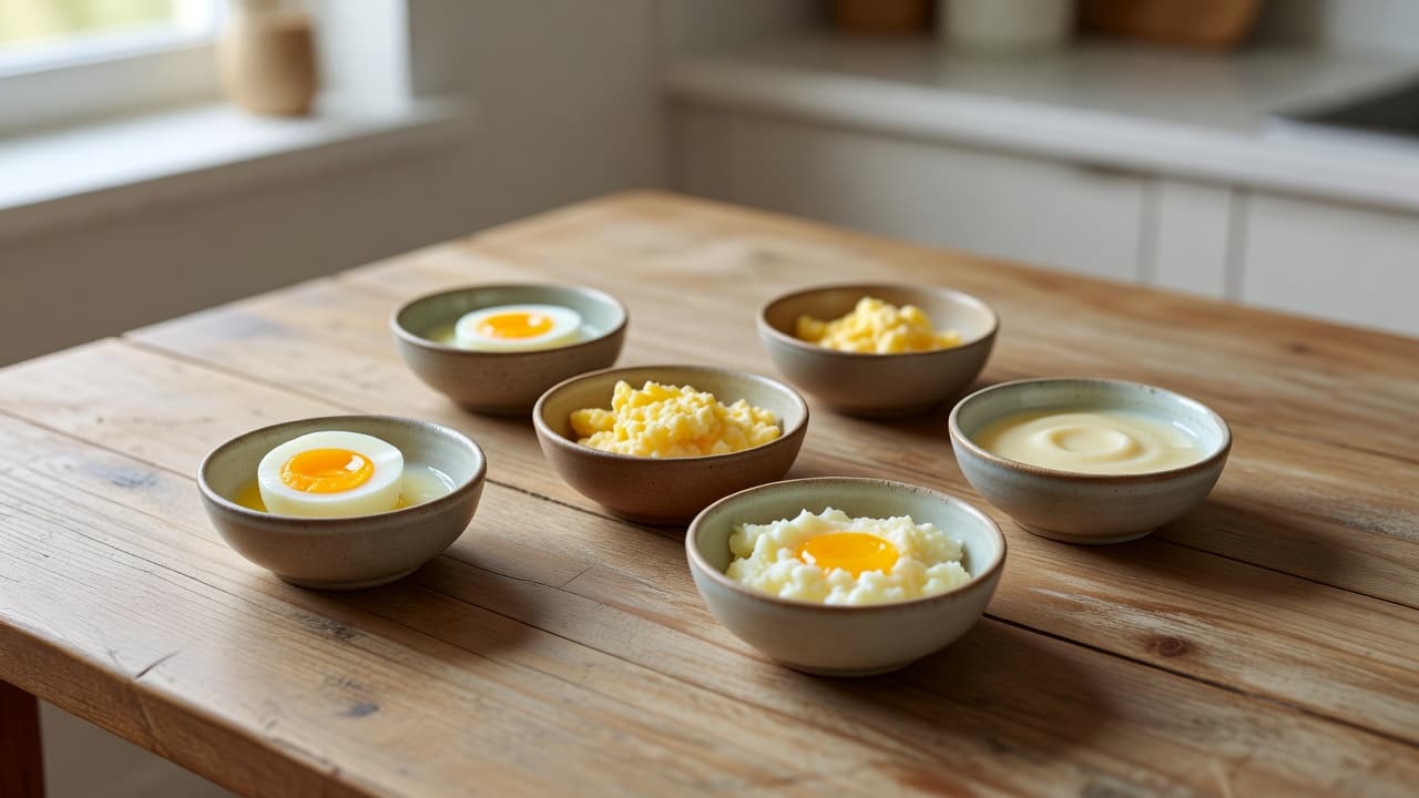 A top-down view shows multiple small ceramic bowls on a rustic wooden table filled with soft-cooked egg textures. The scene is illuminated by gentle morning sunlight streaming across the kitchen surface.