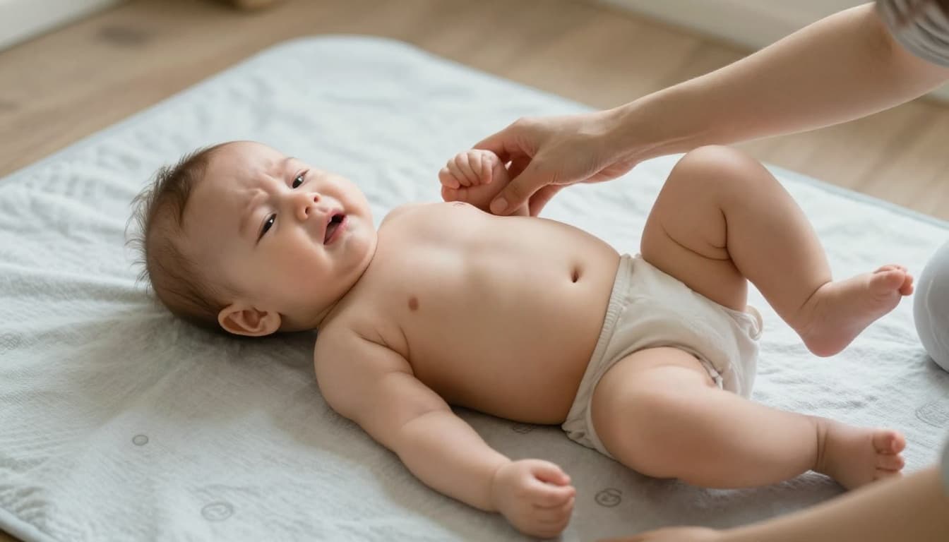 Squirming baby pulls legs to chest on changing mat as parent's hand does bicycle legs motion in nursery.