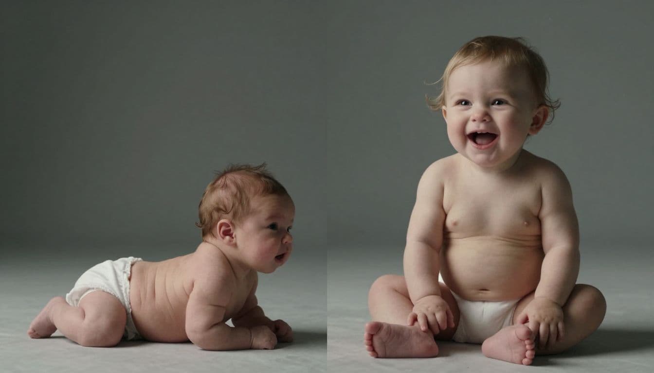 A newborn baby girl rests peacefully on the left, while a cheerful six-month-old sits upright on the right. Soft studio lighting highlights their distinct developmental stages and contrasting expressions during infancy.