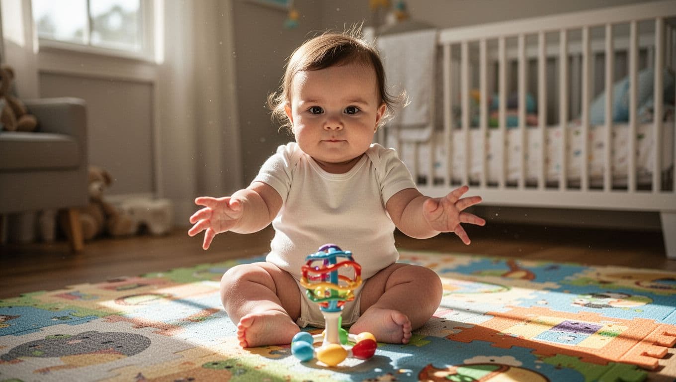 7-month-old baby girl sits upright on colorful playmat, reaching both hands toward soft rattle toy.