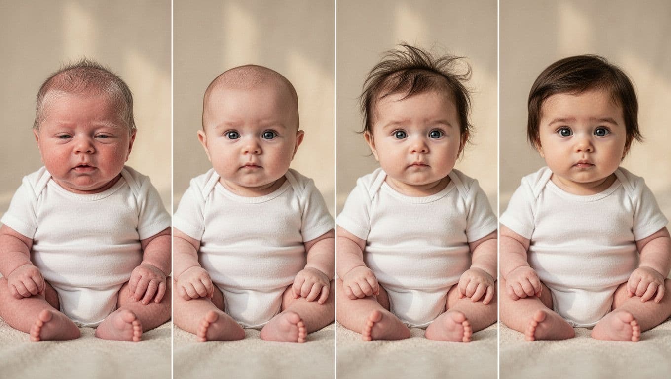 Four panels depict one baby at birth with lanugo, 3 months shedding with bald spot, 6 months wispy regrowth, and 12 months fuller hair.
