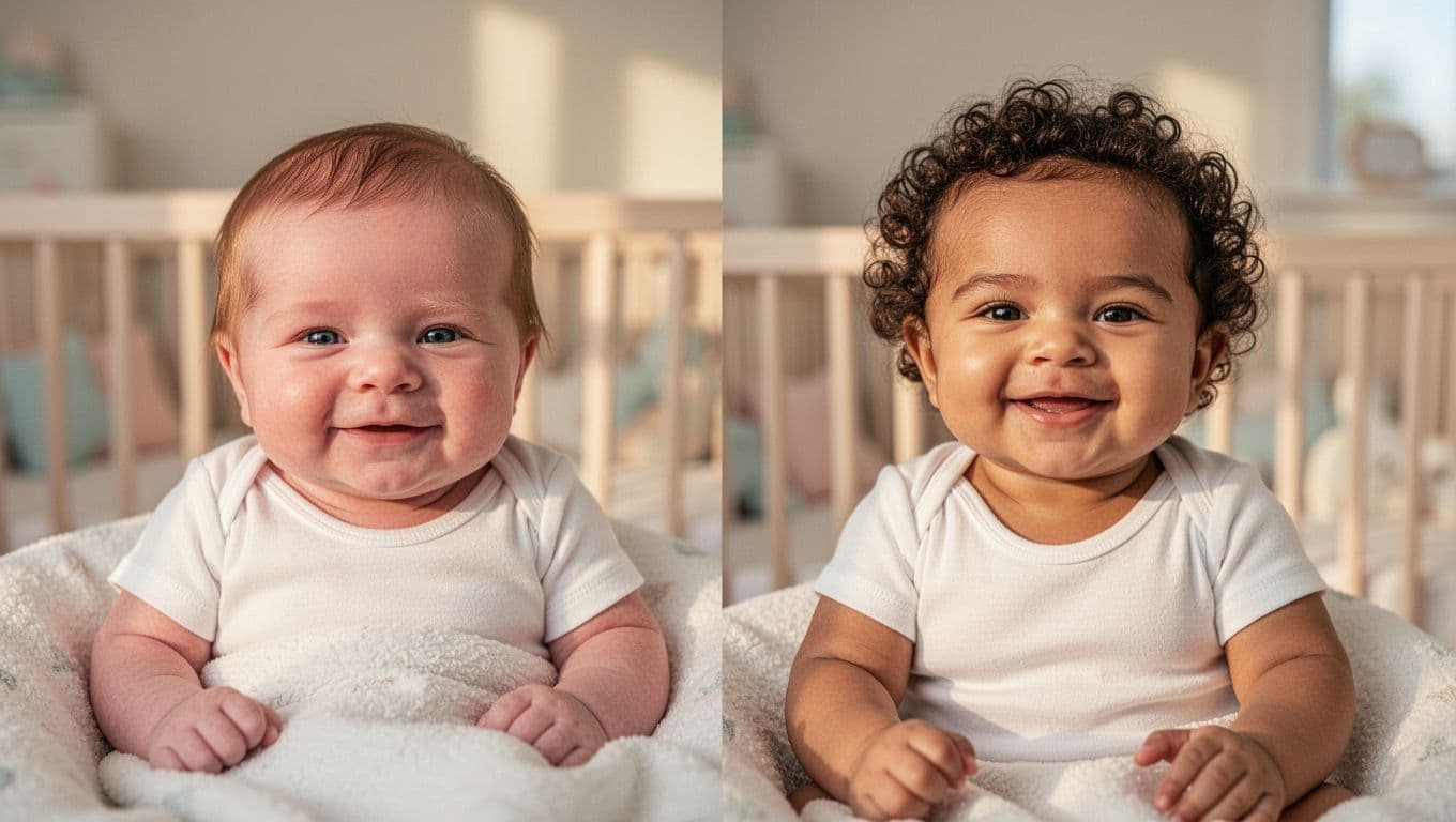 Smiling newborn with light straight hair beside same baby at 6 months with darker curly hair.