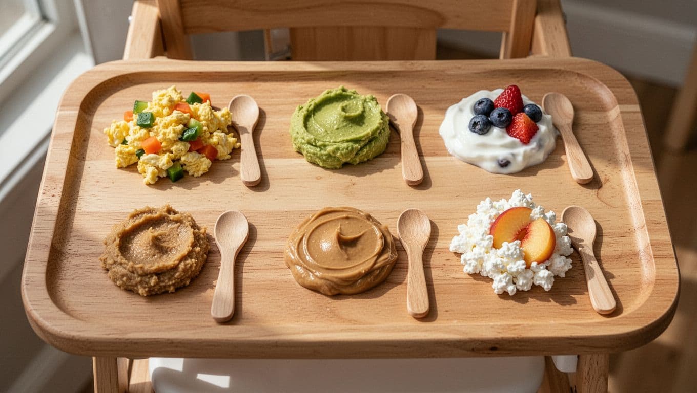 Wooden high chair tray with scrambled egg veggies, avocado banana mash, yogurt fruit mash, peanut butter banana mash, cottage cheese peach, and one small spoon.