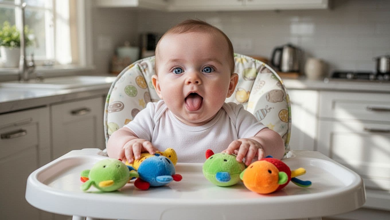 Four-month baby in high chair reaches for colorful soft toys, mouth open and tongue extended.