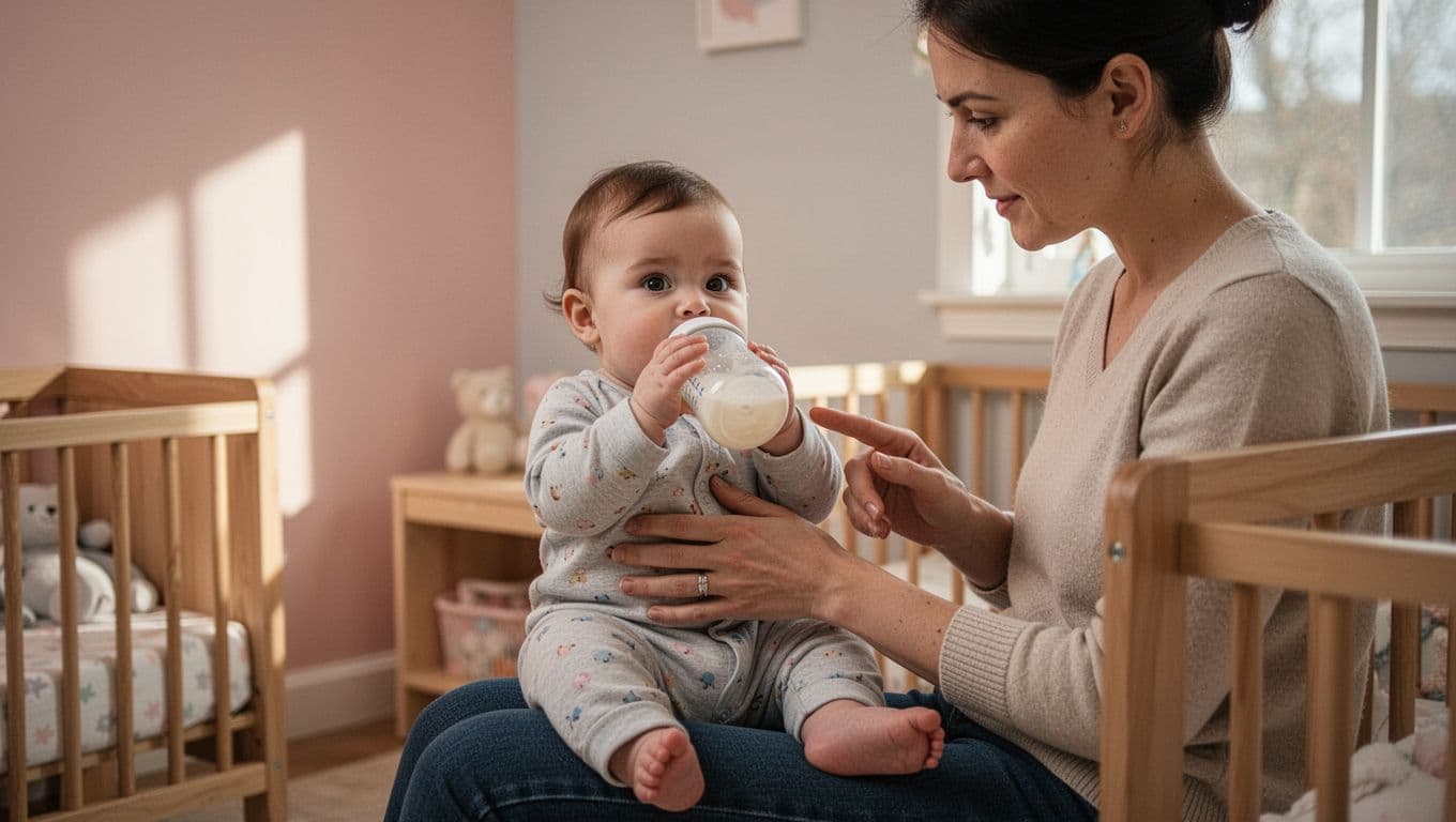 8-month-old baby sits upright on parent's lap holding bottle to mouth with both hands, parent watches attentively with supporting hand nearby.