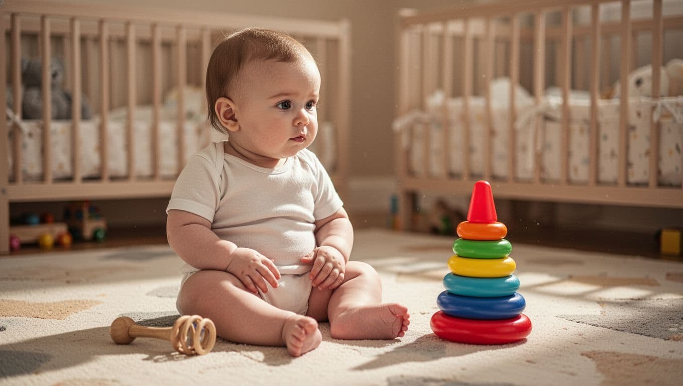 8-month-old baby sits on nursery floor next to pushed-aside plain rattle, looking intently at out-of-reach colorful stacking ring toy.