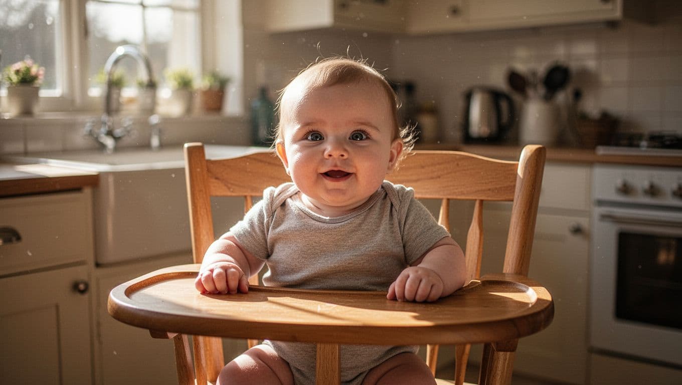 A happy infant sits upright in a sturdy wooden high chair positioned within a sunlit kitchen. Natural light floods the space, illuminating the baby's joyful expression as mealtime is about to begin.