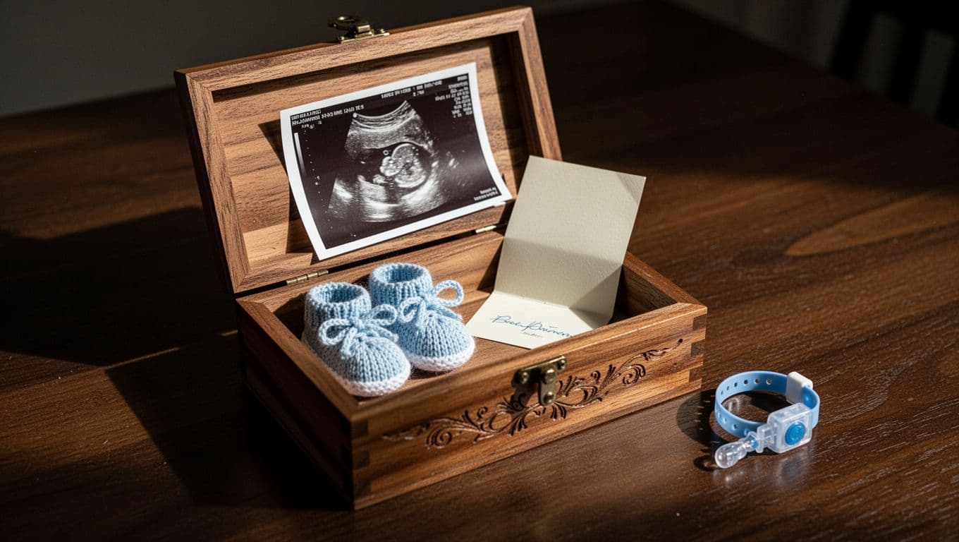 A dark wooden chest displays a collection of baby memorabilia including a folded sonogram, knitted booties, a handwritten note, and a hospital ID band. Dramatic lighting highlights the sentimental object textures.