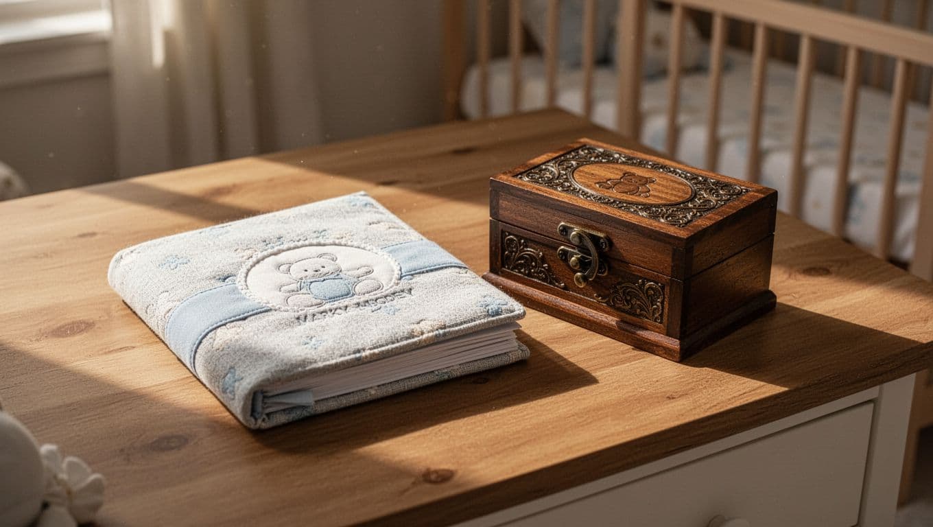 A cloth-bound memory book rests beside a vintage wooden trinket box on a polished nursery surface. Soft, directional sunlight highlights the textures of the fabric and grain of the wood.