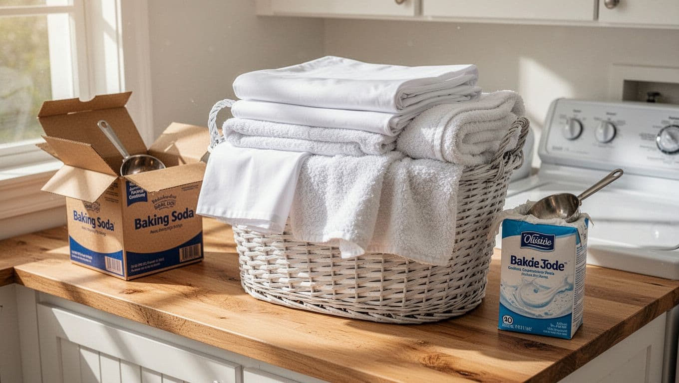 White wicker basket with folded white crib sheets and baby blankets on wooden counter beside open baking soda box.