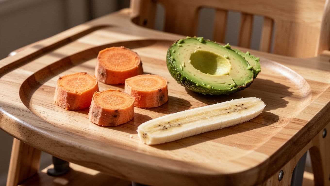 Soft pieces of steamed sweet potato, sliced avocado, and a banana strip are arranged neatly on a wooden high chair tray. Warm natural sunlight illuminates the fresh finger foods from above.