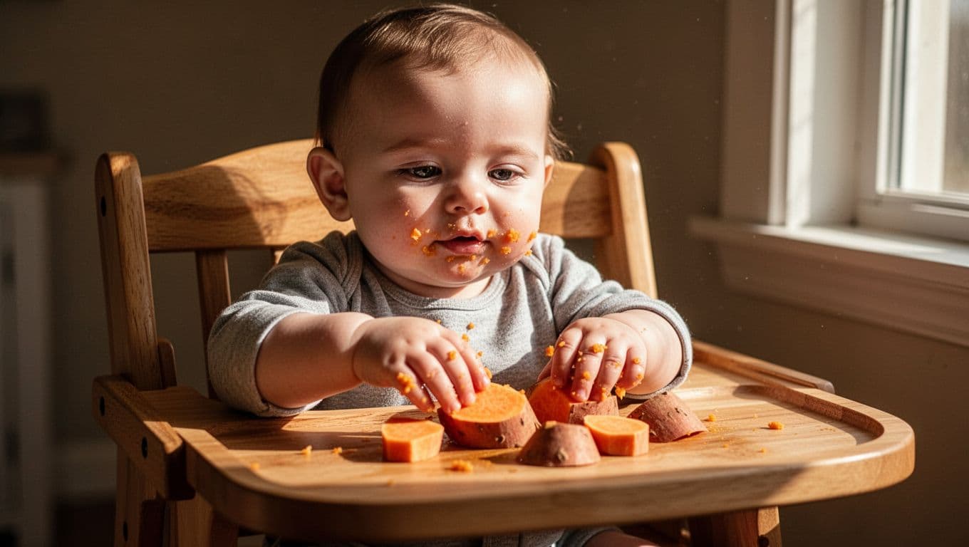 An eight-month-old infant sits in a wooden high chair, curiously touching mashed sweet potato pieces spread across a wooden tray. Small smudges of orange food cover the baby's hands and cheeks.