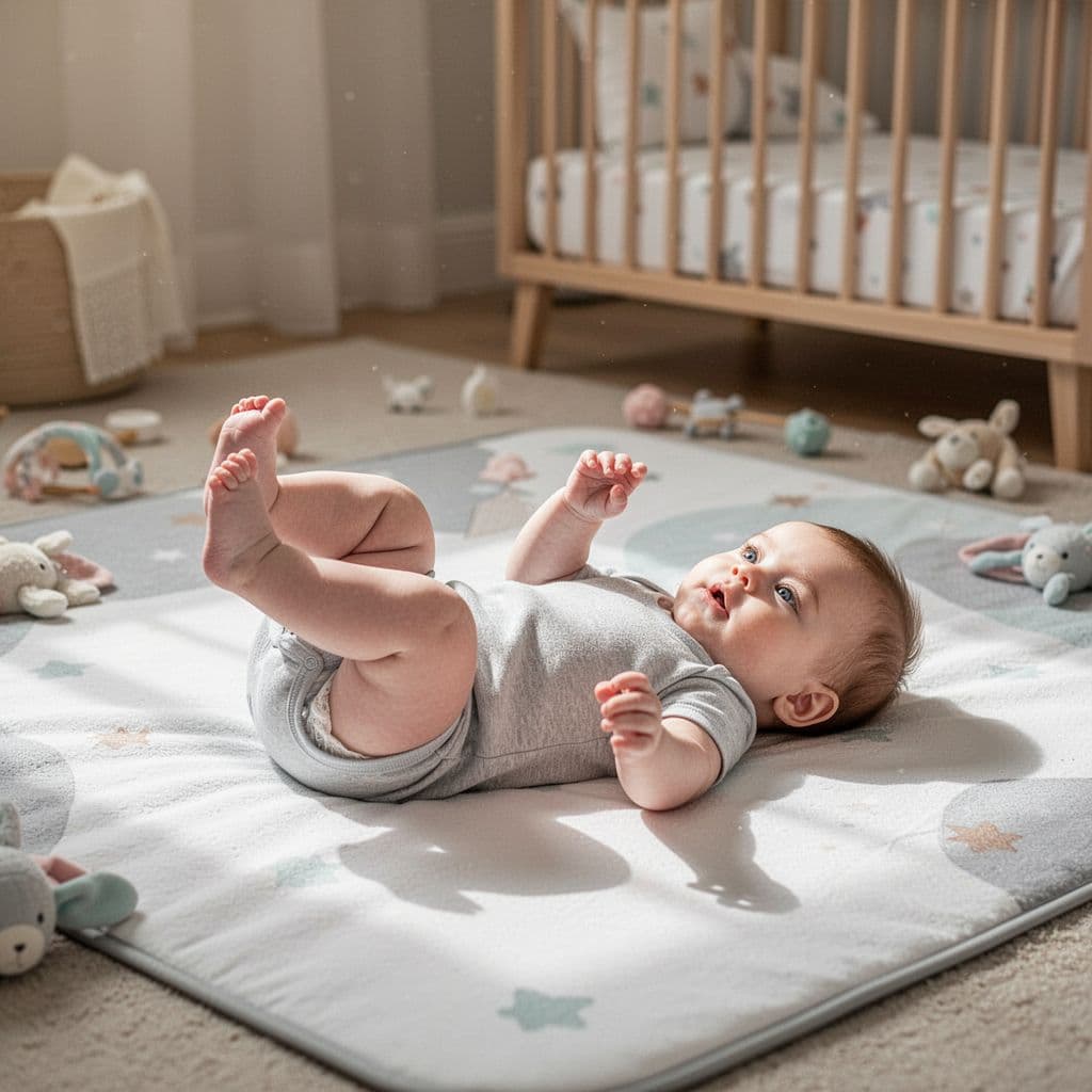 Baby on soft playmat in nursery lifts legs and turns head in natural daylight.
