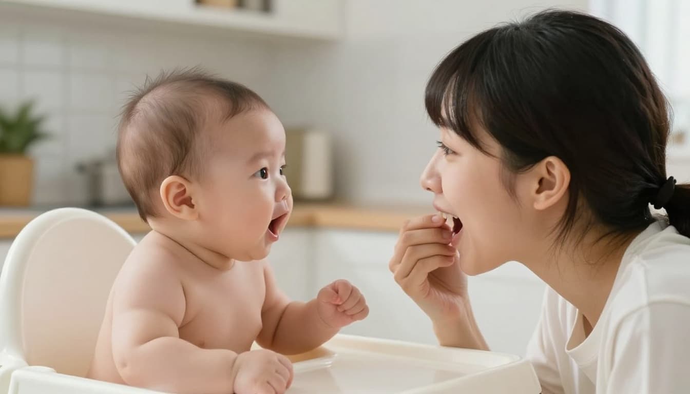 3-month-old baby in high chair watches blurred caregiver's face closely, mimicking open mouth and lips.