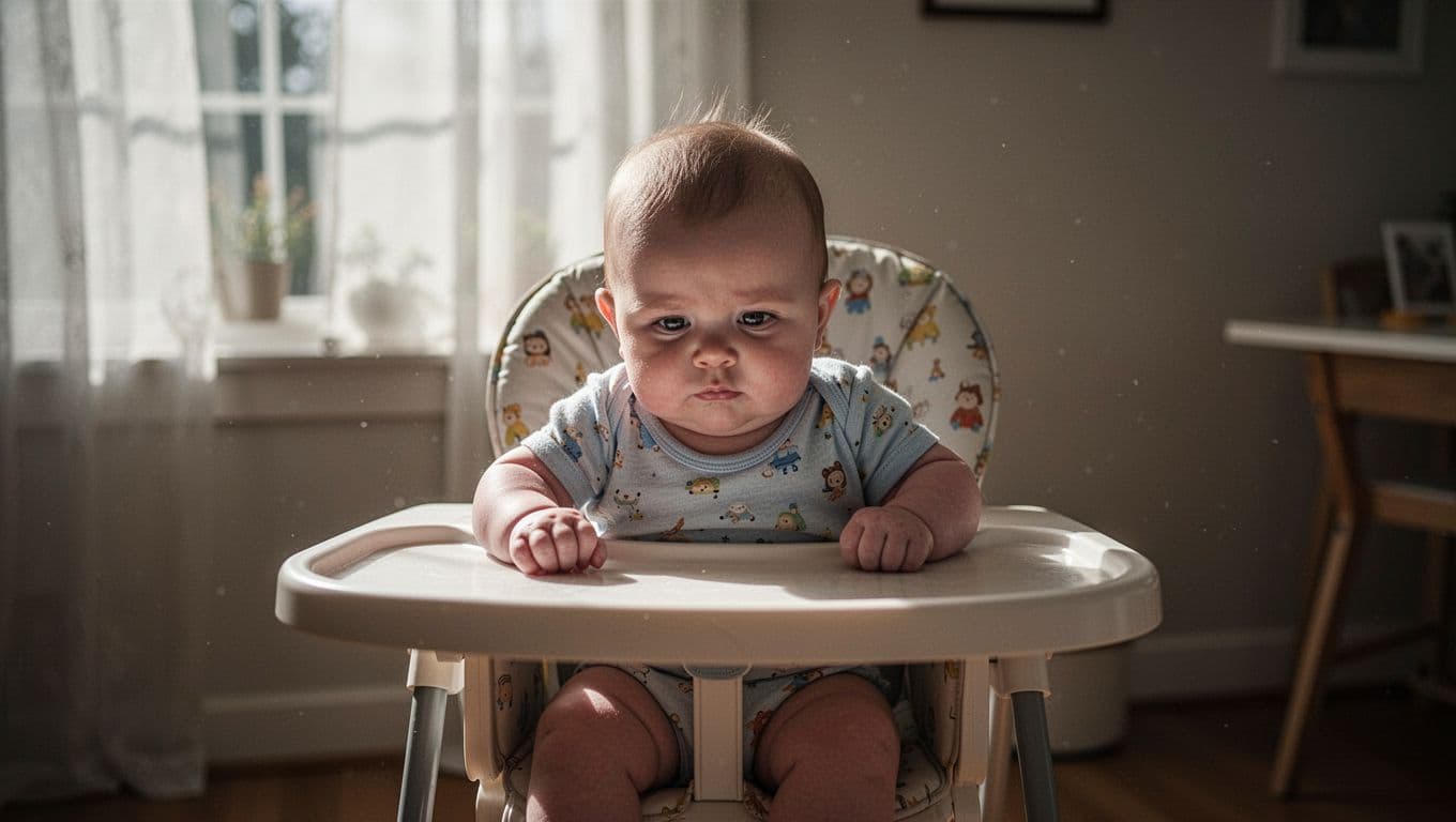 An infant sits inside a white high chair, leaning slightly to one side with an unstable posture. Soft natural light highlights the child's difficulty in maintaining an upright, seated feeding position.