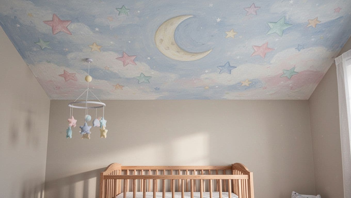 Baby nursery ceiling viewed from below with soft painted stars and subtle moon, crib positioned safely below, delicate mobile hanging aside, neutral walls, and gentle lighting. Emphasizes safe artistic ceiling details for babies who look up often.