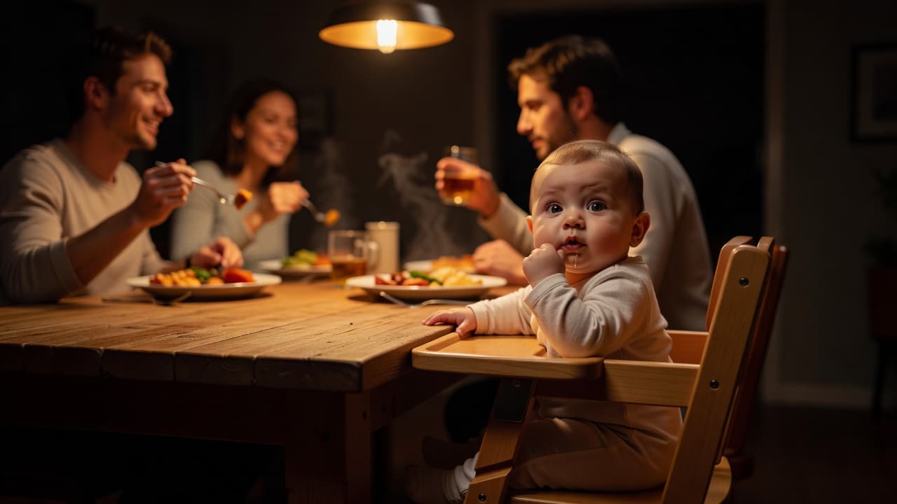 A six-month-old infant sits upright in a wooden high chair, intently watching family members eat dinner. Warm ambient light illuminates the scene while a soft-focus background highlights the baby's curious expression.