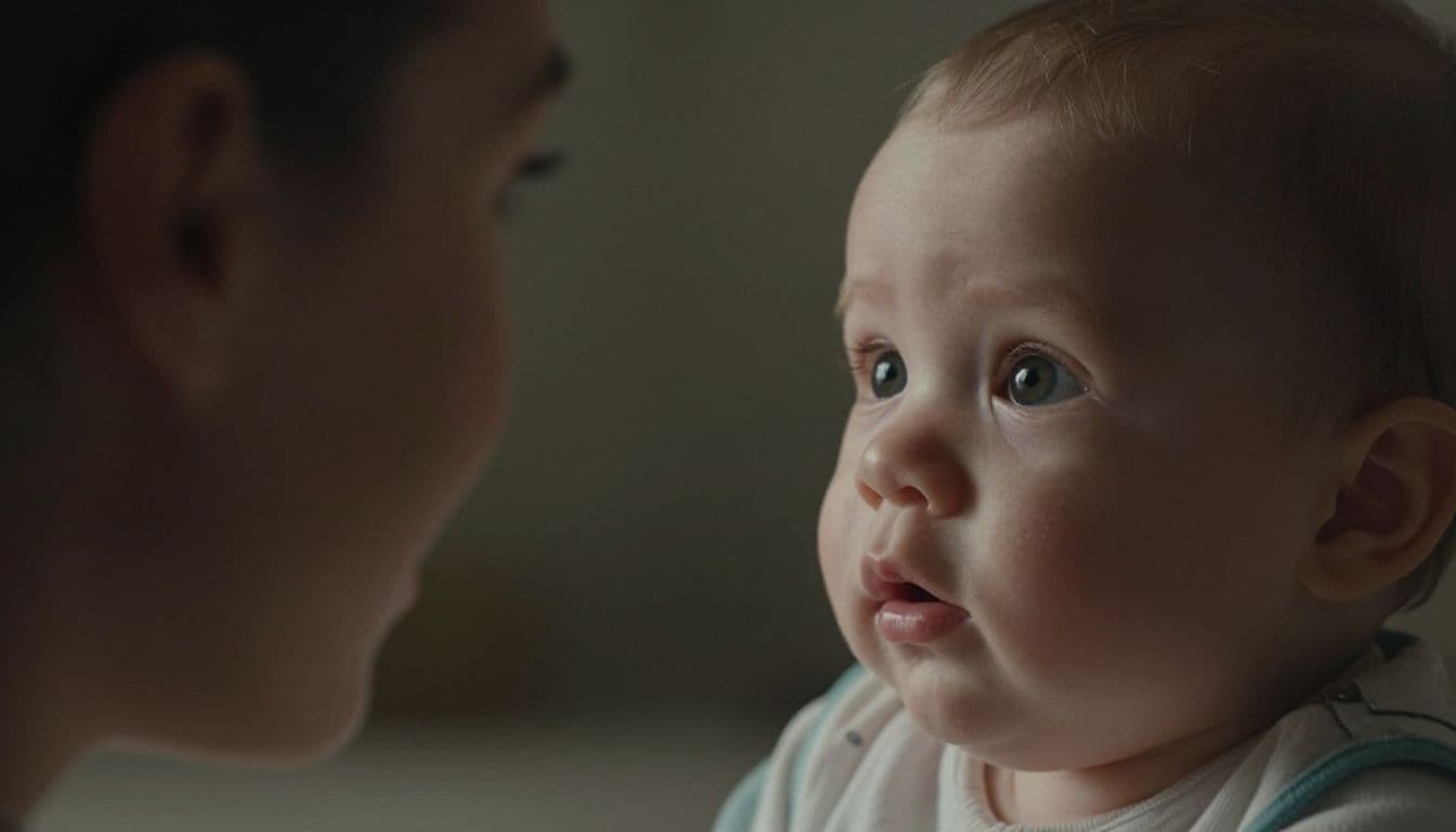 A close-up shot captures a wide-eyed infant gazing intently at a parent's face. The baby's soft features are illuminated by dramatic lighting, creating a sharp contrast against a blurred, dark background.