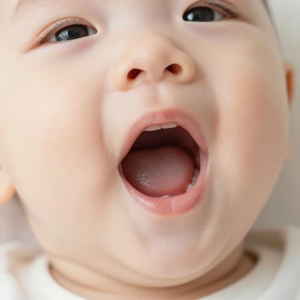 A close-up view of an infant with an open mouth during a gentle medical checkup.