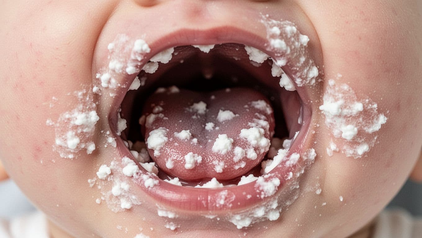 Close-up inside baby's mouth shows white curd-like patches on tongue, gums, cheeks, and palate.