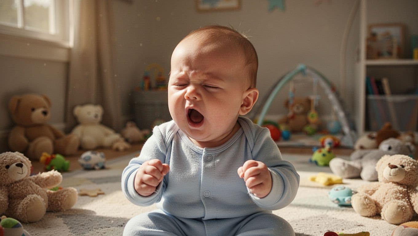 4-month-old baby in playroom with toys turns head away, yawns, and clenches fists.