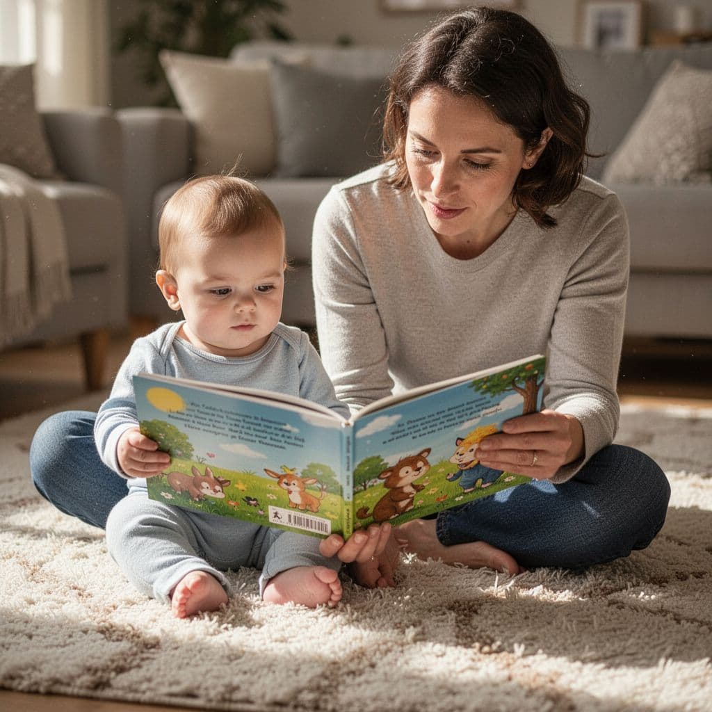 A baby and parent gaze at a colorful open storybook on a living room rug.