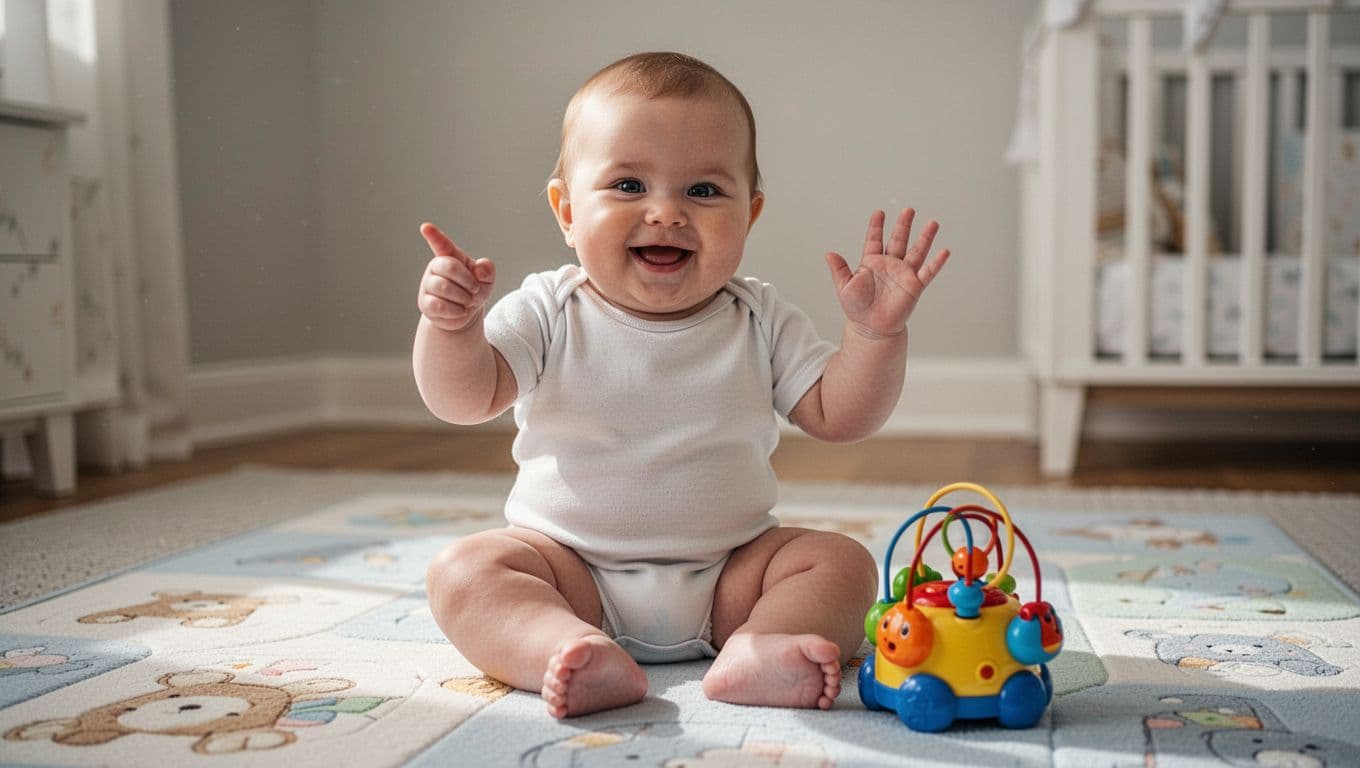 10-month-old baby sits on nursery playmat pointing at colorful toy while waving with other hand, big smile.