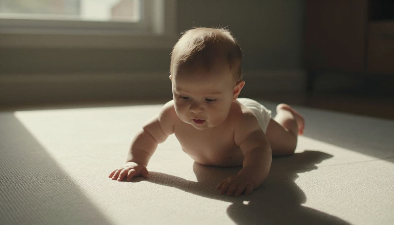 A focused infant lifts their chest and head while propped up on their forearms on a cushioned play mat. Warm sunlight streams from a window, casting soft shadows across the floor.