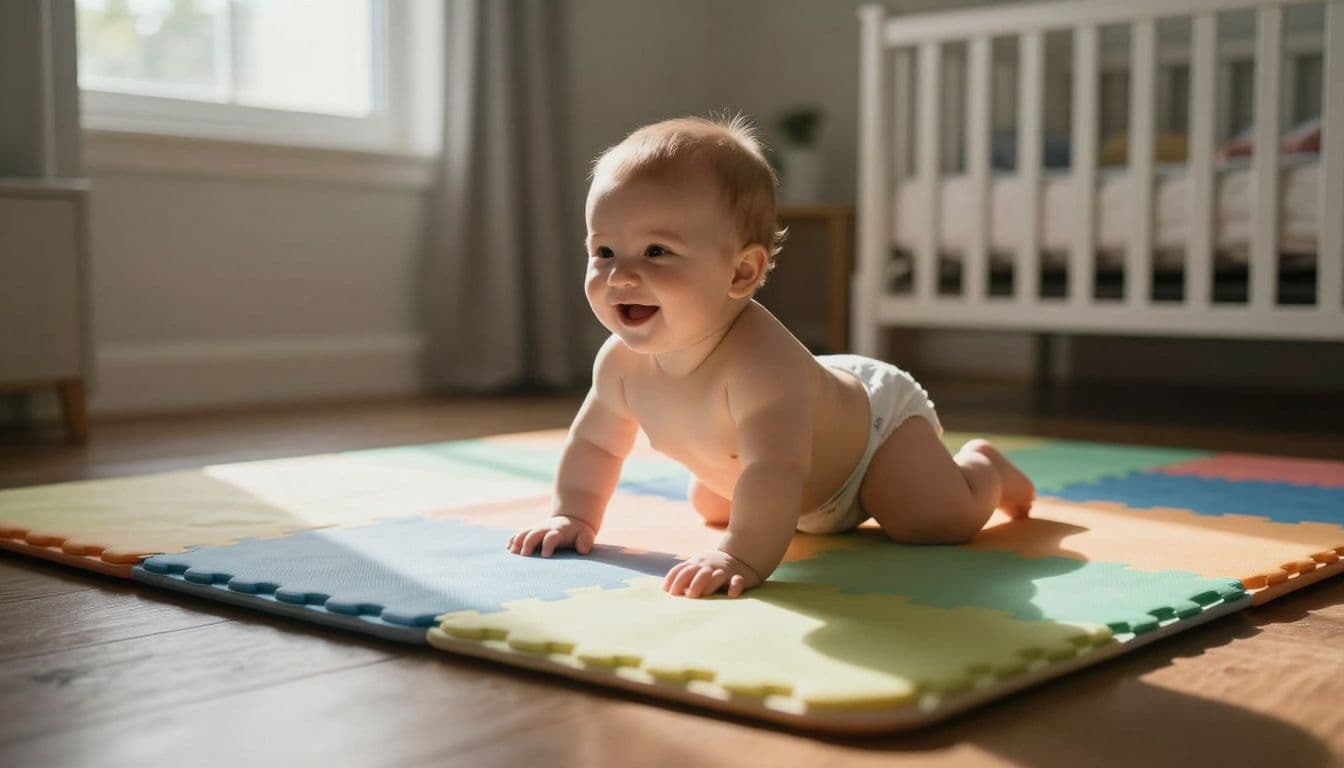 A happy baby lies on a vibrantly colored foam mat within a cozy nursery. Dramatic side lighting highlights the infant as they push upward, practicing the physical motion of rolling over.