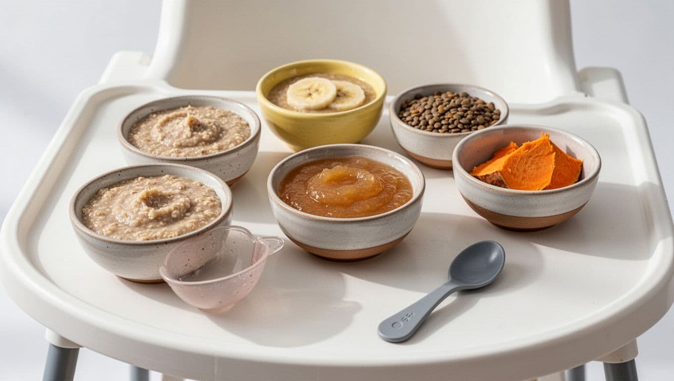 High chair tray with bowls of iron-fortified oatmeal, banana oatmeal, applesauce oatmeal, lentil puree, and sweet potato puree, plus one baby spoon.