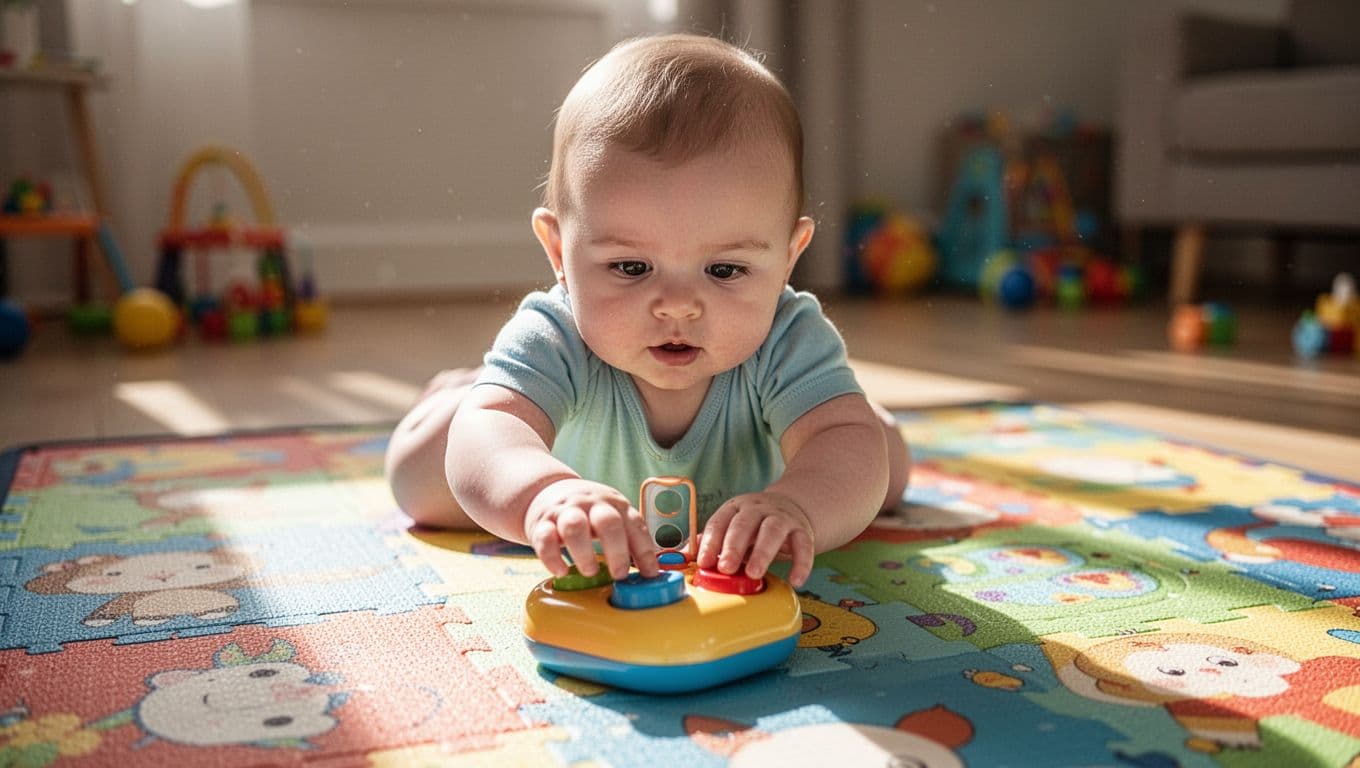 6-month-old baby on colorful play mat reaches both hands to press button on pop-up toy.