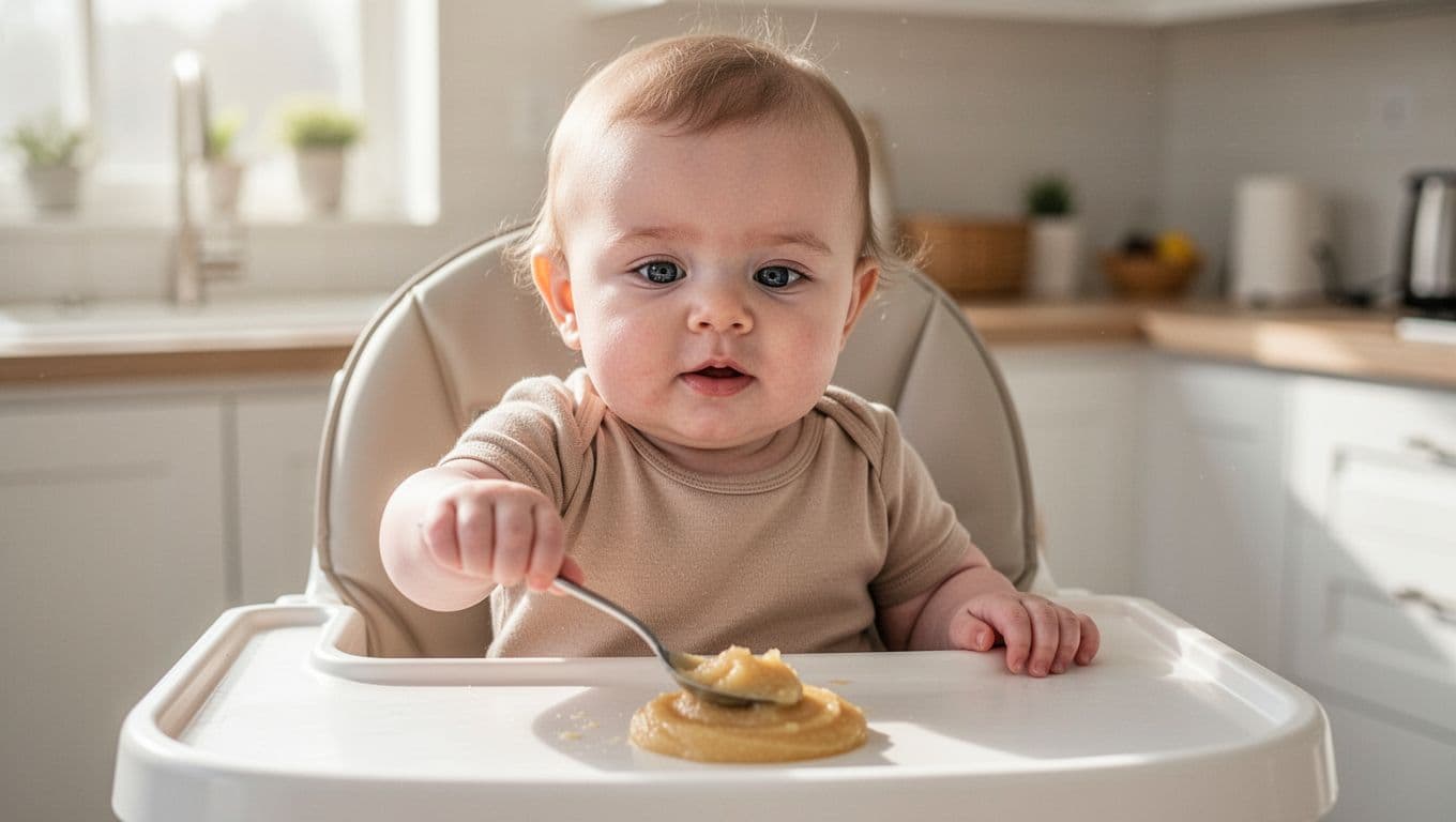 6-month-old baby girl sits upright in high chair, reaching for spoon of soft puree with curious expression.