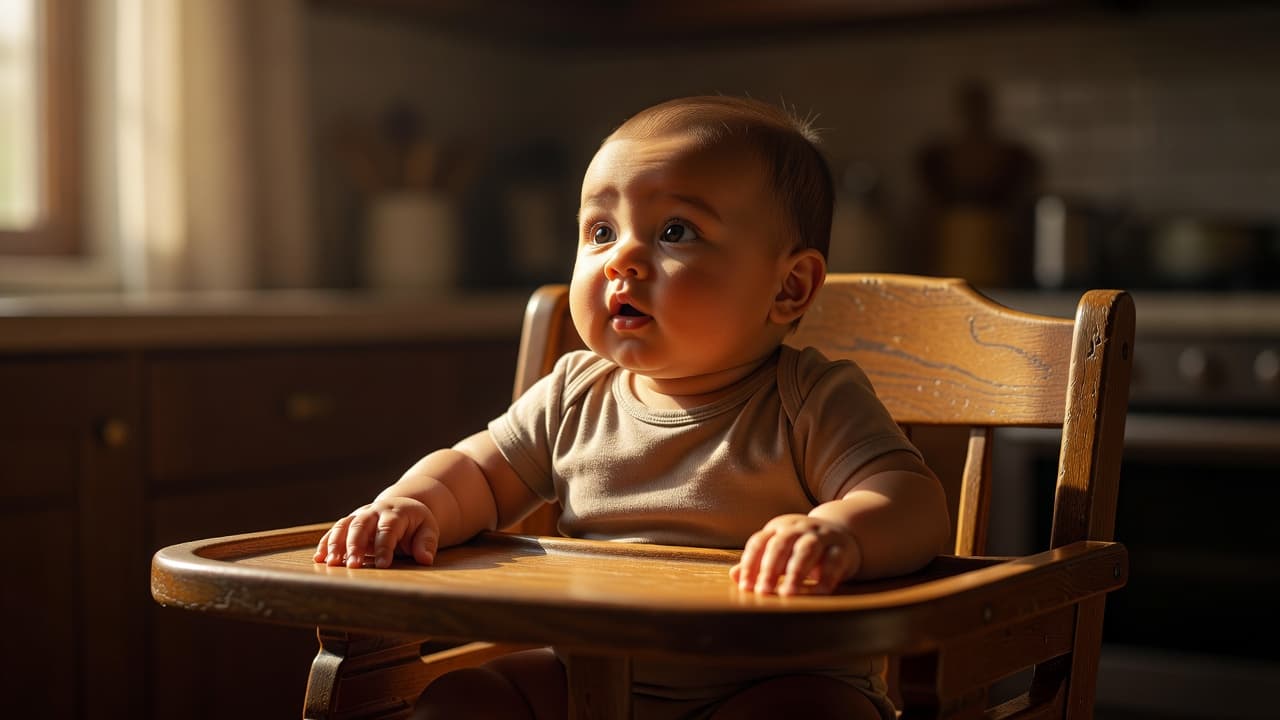 A healthy six-month-old infant sits upright in a sturdy wooden high chair with excellent head control. The warm, cinematic lighting highlights their curious expression while they look toward the side.