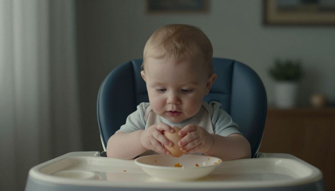 A curious infant sits upright in a wooden high chair, intently observing the empty surface of a table. Soft natural light illuminates the scene, highlighting their engaged expression and developmental progress.
