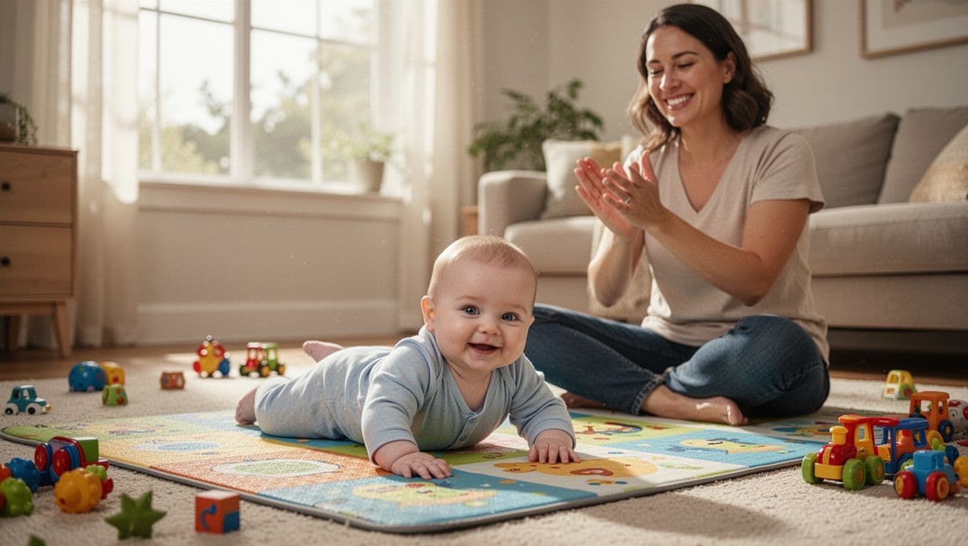 Infant rolls from back to tummy on colorful playmat as cross-legged parent claps nearby in sunny living room.