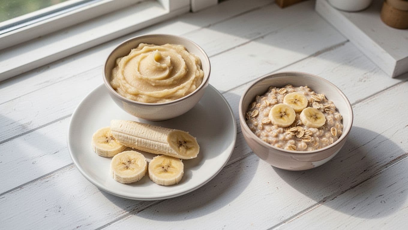 Small bowl of smooth mashed banana, plate with two thin slices, and oatmeal mixed with banana pieces on white wooden table.