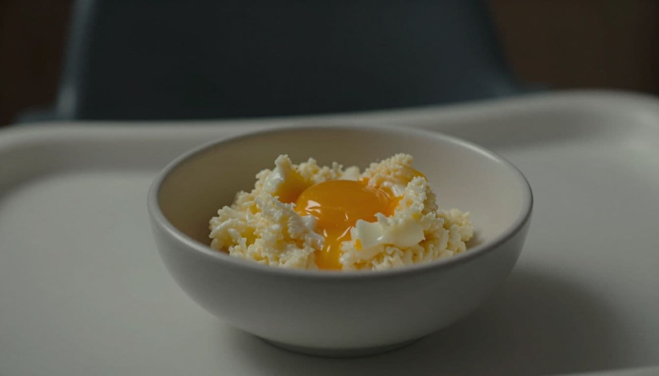 A small white bowl sits on a high chair tray containing finely mashed hard-boiled egg with a soft, uniform texture. The scene is captured with dramatic, focused lighting against a dark background.