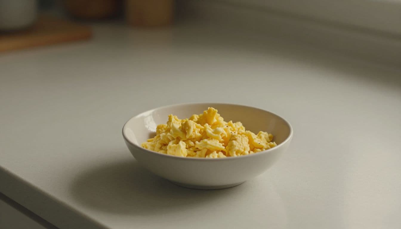 A small white ceramic bowl containing fluffy yellow scrambled eggs sits on a clean marble countertop. Soft sunlight streams into the kitchen, highlighting the texture of the freshly prepared healthy meal.