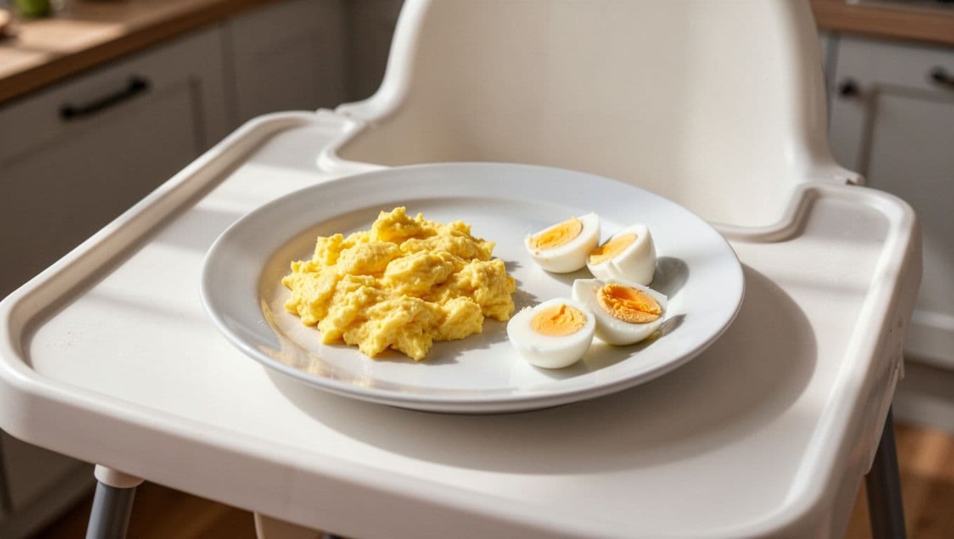 Small white plate on high chair tray with smooth mashed scrambled eggs beside tiny boiled egg white and yolk pieces.