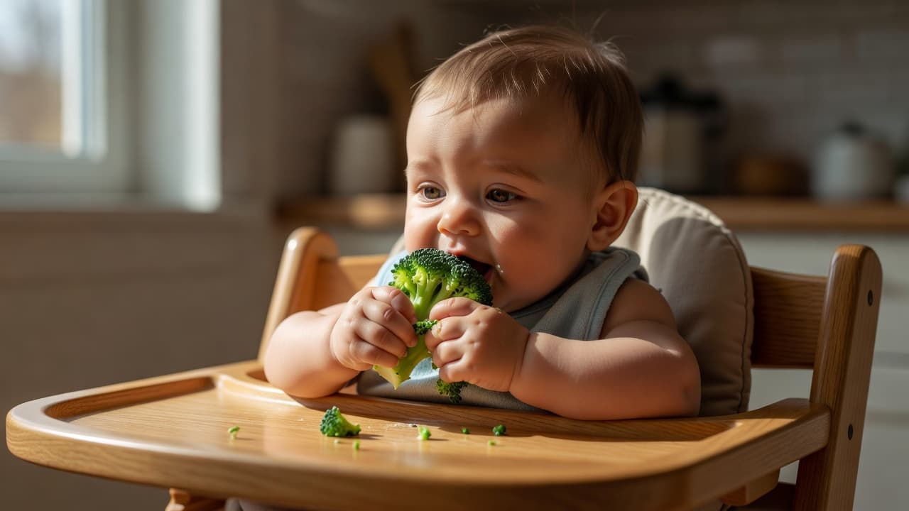 A focused infant sits in a wooden high chair, grasping a tender piece of steamed broccoli. Bright natural light highlights the vibrant green texture against their soft skin and light clothing.
