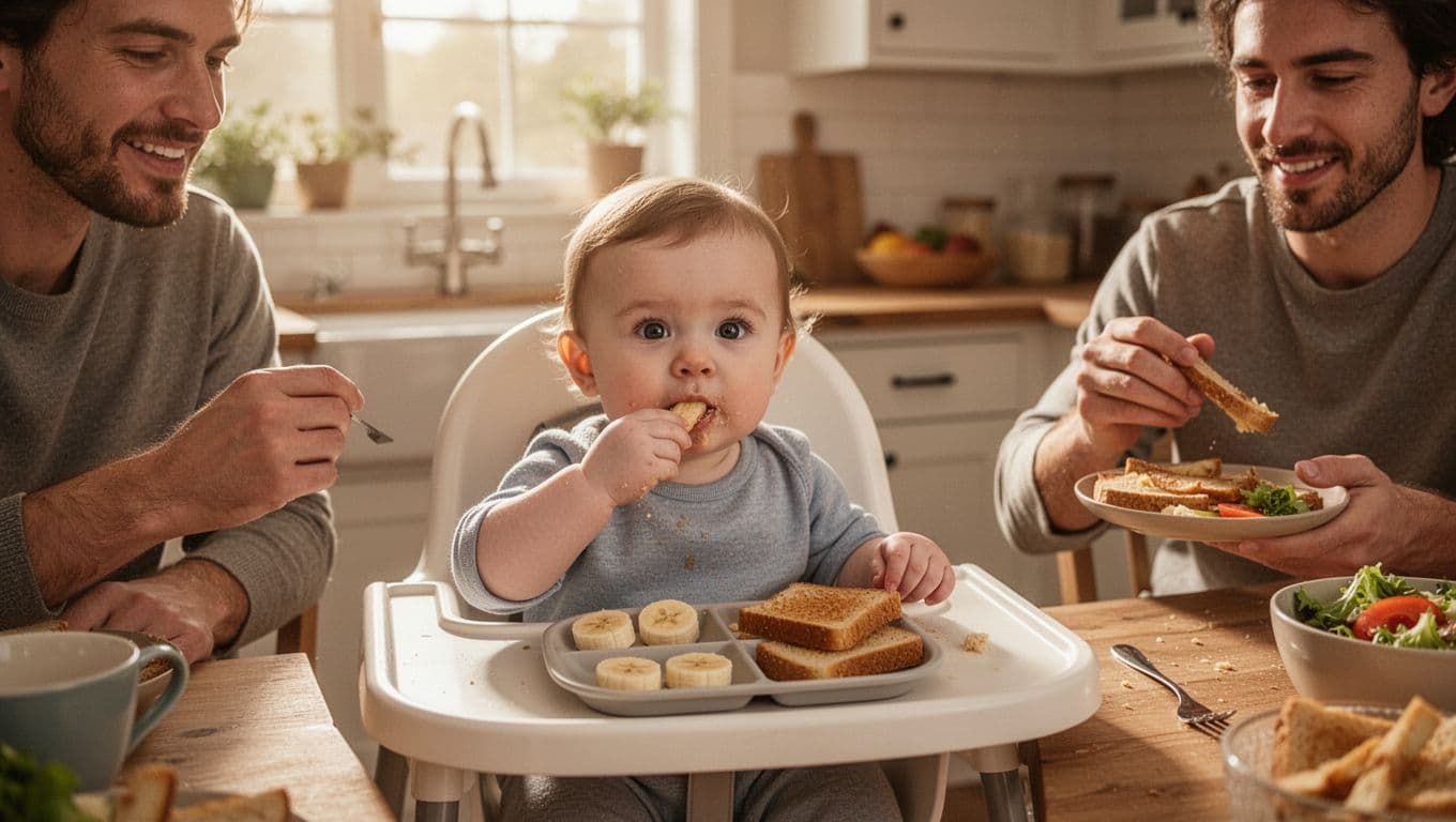 10-month-old baby girl in high chair self-feeds banana pieces and toast from divided plate while parents eat nearby in sunny kitchen.