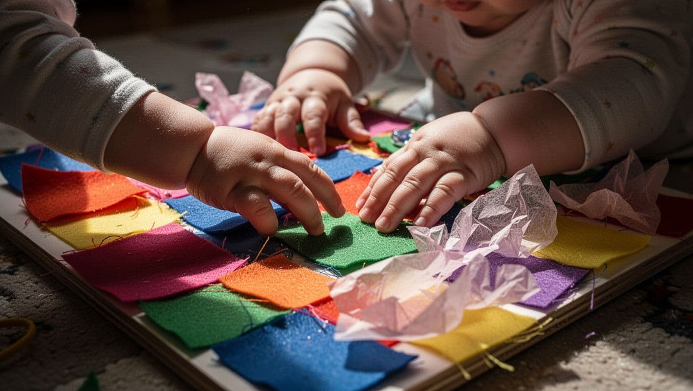 A toddler reaches out to touch vibrant fabric scraps and crinkly tissue paper attached to a handmade wooden sensory panel. Cinematic lighting highlights the diverse textures under the baby's small fingers.