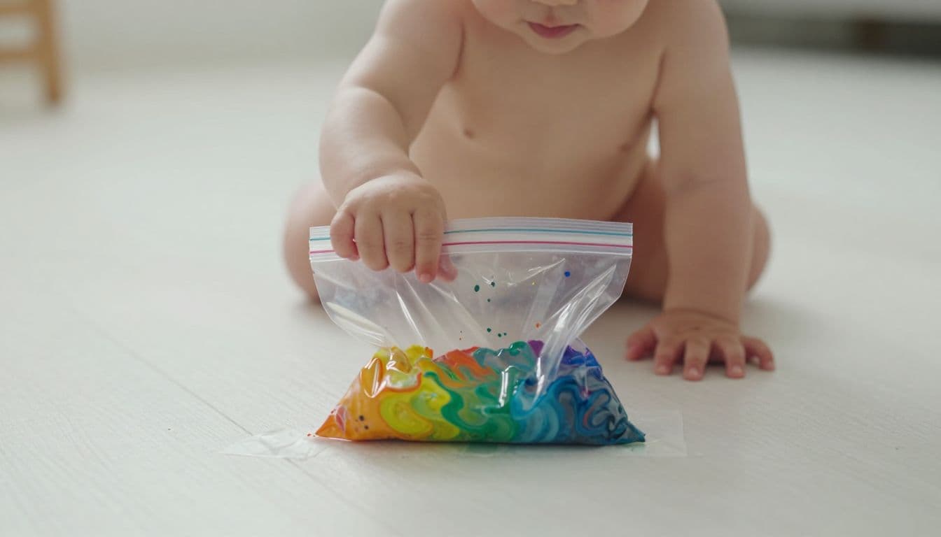 A toddler reaches out to press vibrant swirls of acrylic paint trapped inside a sealed plastic bag. The bag is secured to a bright, white floor under gentle, natural light.