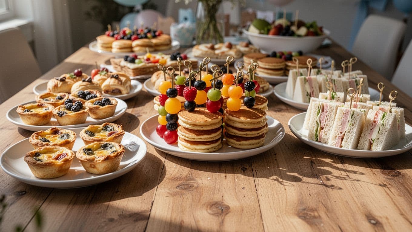 A long rustic wooden table displays a curated selection of mini quiches, vibrant fruit skewers, fluffy pancake stacks, and delicate sandwiches. Soft morning sunlight highlights the textures of the gourmet food.