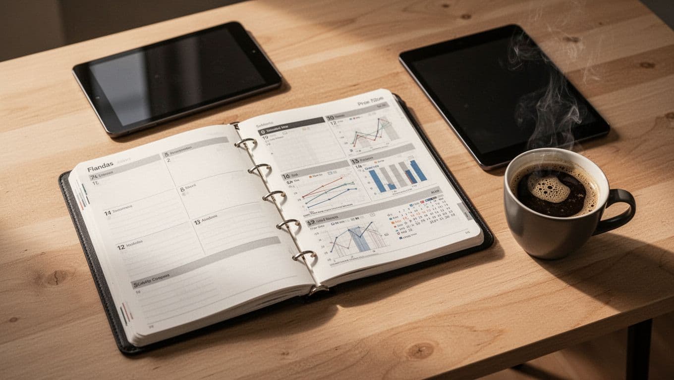 An organized financial planner for a baby shower sits on a light wooden desk next to a modern tablet. A warm cup of coffee rests nearby under soft, cinematic morning lighting.