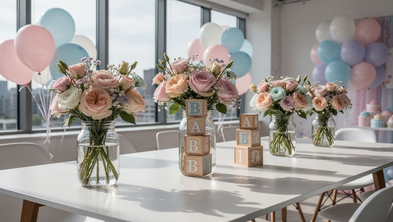 Diverse decorations including floral glass jars, wooden alphabet blocks, and pastel balloon bouquets sit on a sleek white table. These creative elements are arranged to highlight elegant nursery themes for parties.