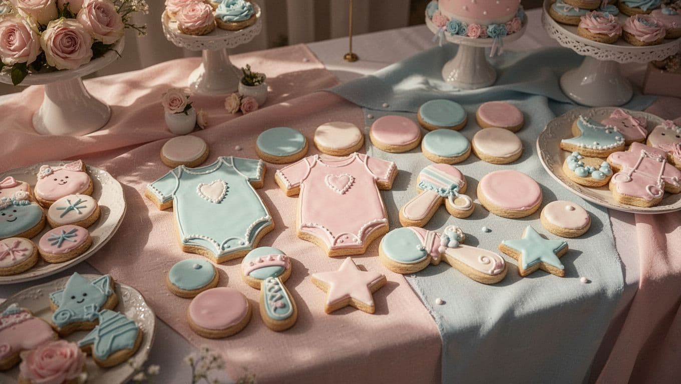 A high-angle view displays a table covered in pastel iced sugar cookies shaped like baby onesies, rattles, and stars. Soft cinematic lighting enhances the inviting arrangement of these handcrafted treats.