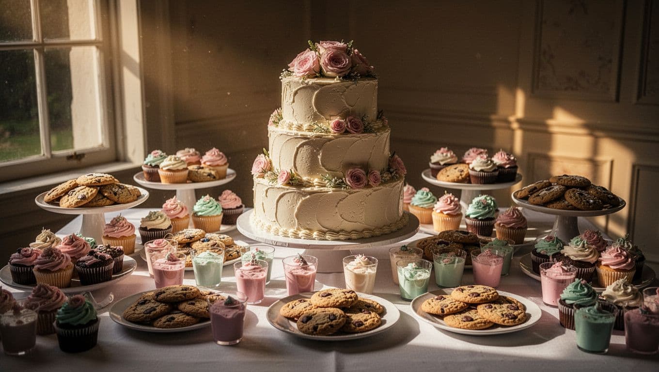 A tiered dessert table features a large frosted centerpiece cake surrounded by colorful cupcakes, delicate sugar cookies, and layered dessert cups. Dramatic lighting highlights the rich textures and elegant party arrangement.