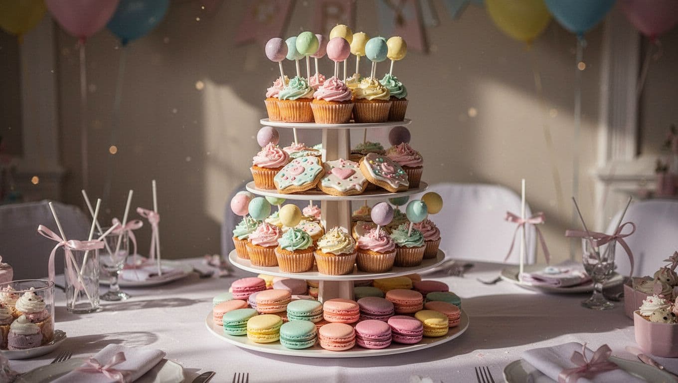 A tiered stand features an assortment of cupcakes, frosted cookies, cake pops, and macarons arranged at a celebration. Soft lighting highlights the festive treats against a blurred, elegant party background.