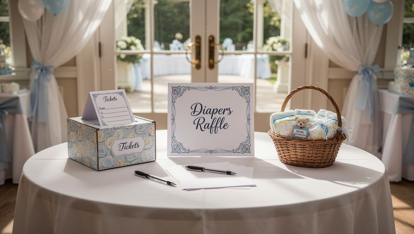 A neatly arranged registration table features a decorative collection box, a small basket filled with prizes, and a signage stand. Soft sunlight illuminates the welcoming baby shower entryway display.